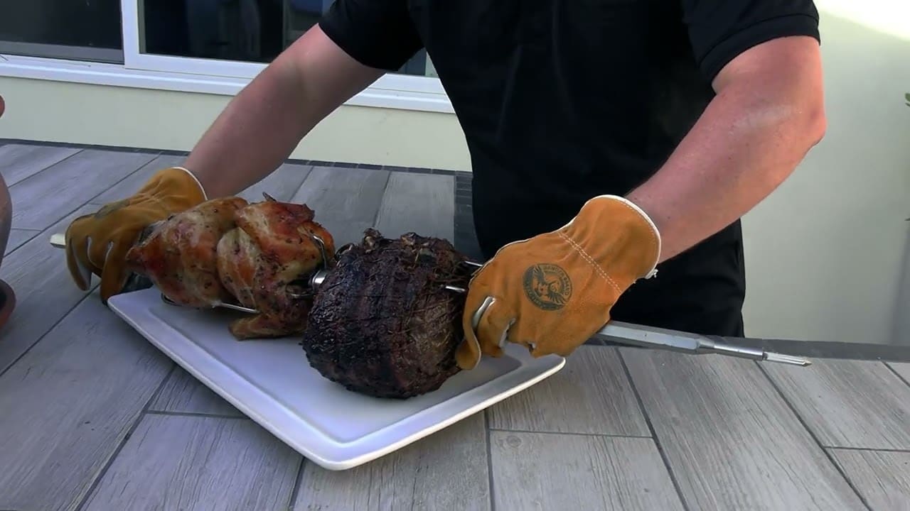 Santa Maria BBQ Grill rotisserie chicken and bone in ribeye roast